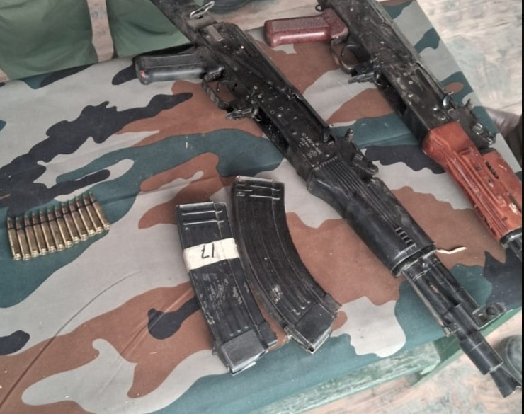 'Arms, Ammuntion, including 02 AK rifles recovered by Security Forces in Kupwara'